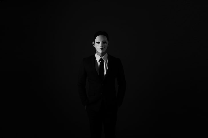 mask, anonymous, bw, tie, suit jacket, shirt, HD wallpaper