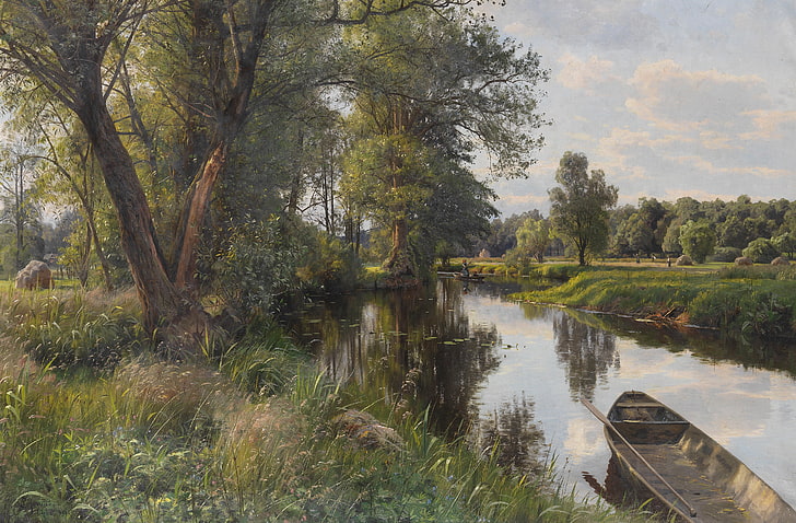 brown boat, nature, river, boat, picture, Peter Merk Of Menstad, Peder Mørk Mønsted, Summer Landscape, HD wallpaper