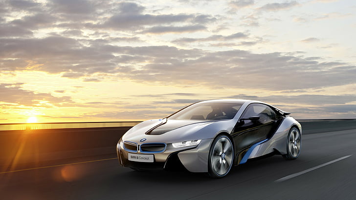 silver BMW coupe on black asphalt road, BMW i8, 4k, HD wallpaper, electric cars, MCV, carbon, luxury cars, Gran Turismo, Best Electric Cars 2015, GT, BMW, Project I, side, sunset, HD wallpaper