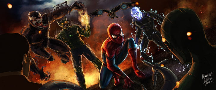 Spider-Man, Doctor Octopus, Electro (Marvel Comics), Green Goblin, Venom, Vulture (Marvel Comics), HD тапет