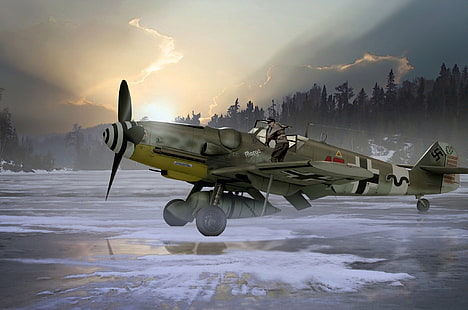 Målning, Messerschmitt, flygvapen, kolv, enmotor, Bf.109G-6 / R6, fighter-low, HD tapet HD wallpaper