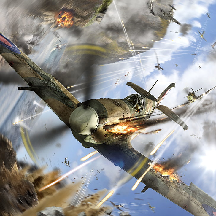 incendie, avion, tir, dans le ciel, Spitfire, poursuite, combat aérien, World of Warplanes, tracers, Fond d'écran HD