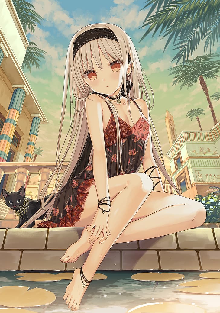 anime, anime girls, digital, digital art, 2D, looking at viewer, red eyes, white hair, hairband, small boobs, barefoot, hand on leg, Black Cat, Egypt, spaghetti straps, , outdoors, lily pads, red dress, black dress, wrist band, anclets, necklace, pierced ear, HD wallpaper