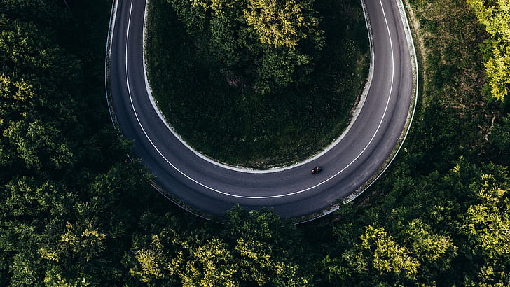 road, trees, forest, nature, hairpin turns, aerial view, bird's eye view, HD wallpaper