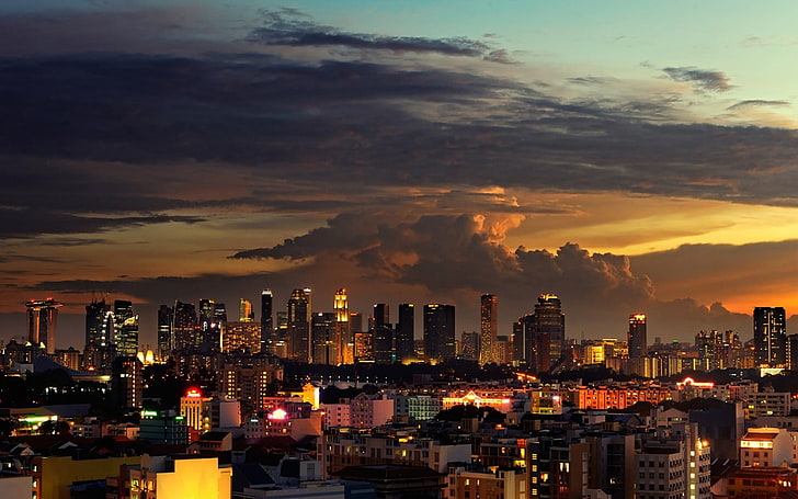 пейзаж на сгради, Сингапур, град, градски пейзаж, небостъргач, облаци, HD тапет