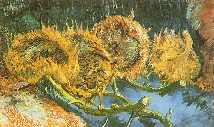 ภาพวาดดอกไม้สีเขียวและสีเหลืองงานศิลปะ Vincent van Gogh ทานตะวันภาพวาดศิลปะคลาสสิก, วอลล์เปเปอร์ HD