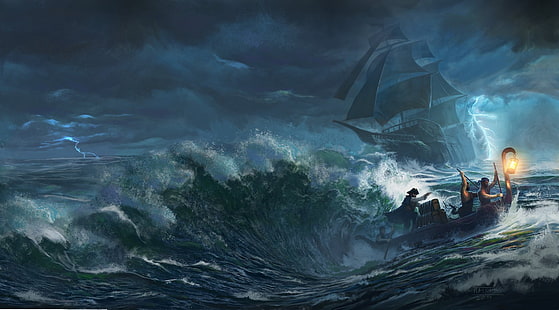 pittura di persone su barca, mare, barca, tempesta, pirati, nave, opera d'arte, Sfondo HD HD wallpaper