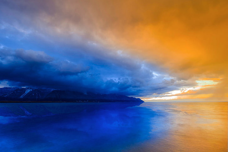 отражение, закат, природа, вода, облака, HD обои