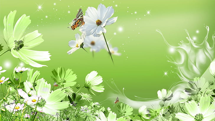 Wild Flowers Green, breeze, papillon, grass, fleurs, garden, green, wind, daisies, blowing, wild flowers, spring, butter, HD wallpaper