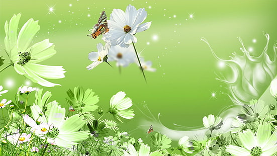 Fleurs sauvages Vert, brise, papillon, herbe, fleurs, jardin, vert, vent, marguerites, soufflage, fleurs sauvages, printemps, beurre, Fond d'écran HD HD wallpaper