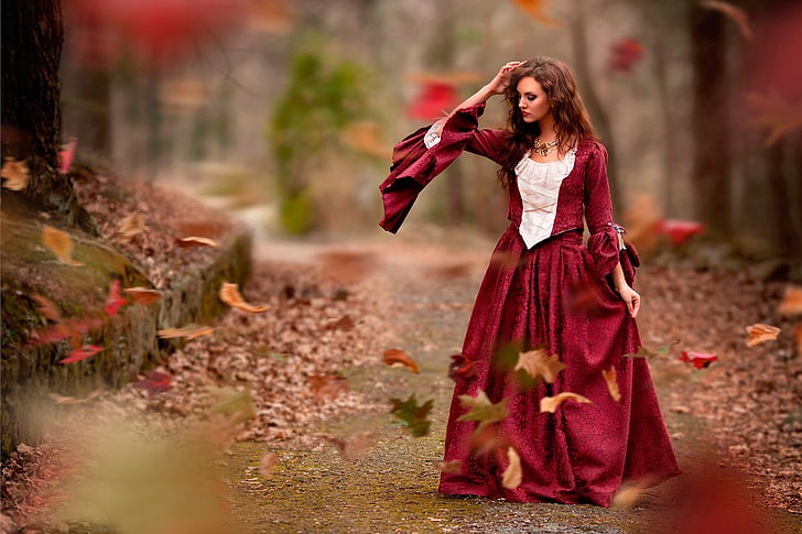 women's red and white poet-sleeved dress, autumn, leaves, girl, style, the wind, dress, HD wallpaper