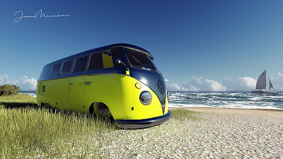 żółty i czarny autobus Volkswagena, Volkswagen, plaża, VW Kombi, żółty, samochód, render, Tapety HD HD wallpaper