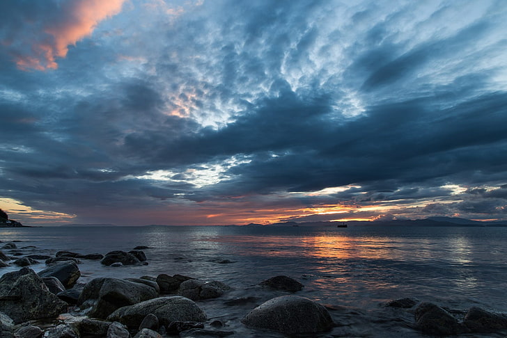 Natur, Landschaft, Wolken, Felsen, Wasser, Reflexion, Sonnenuntergang, Boot, HD-Hintergrundbild