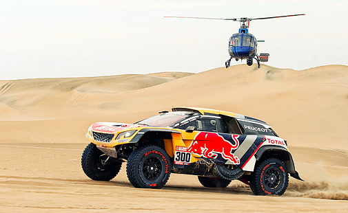 Sand, Auto, Sport, Machine, Speed, Helicopter, Race, Peugeot, Red Bull, 300, Rally, Dakar, SUV, The roads, Dune, DKR, 3008, Peugeot 3008 DKR, HD wallpaper HD wallpaper