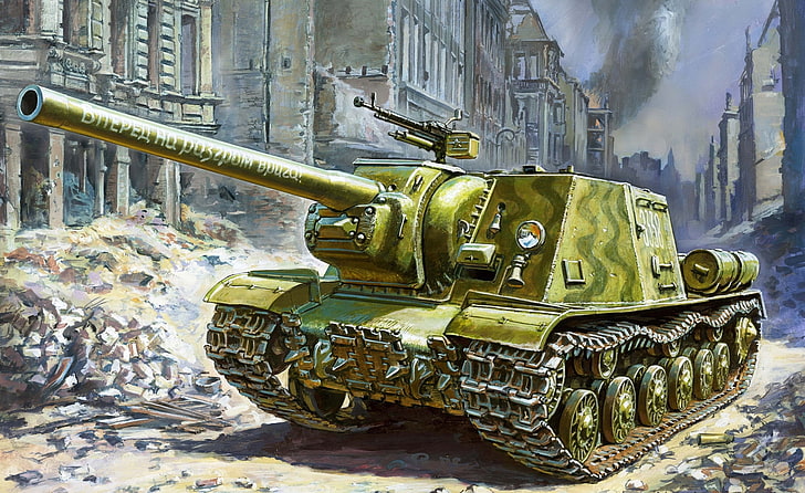 the city, street, figure, art, ruins, Soviet, PT-ACS, the ISU-122, HD wallpaper