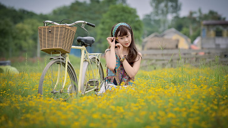 flowers, field, nature, Asian, omen, model, bicycle, women outdoors, HD wallpaper