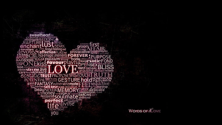 textos em forma de coração, tipografia, texto, nuvens de palavras, fundo preto, coração, HD papel de parede