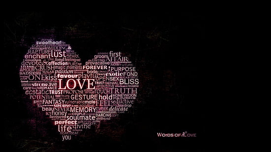 textos en forma de corazón, tipografía, texto, nubes de palabras, fondo negro, corazón, Fondo de pantalla HD HD wallpaper