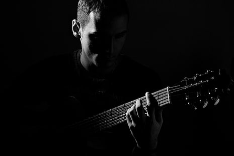 gitarr, män, mörk, svartvit, gitarrist, musik, musikinstrument, HD tapet HD wallpaper