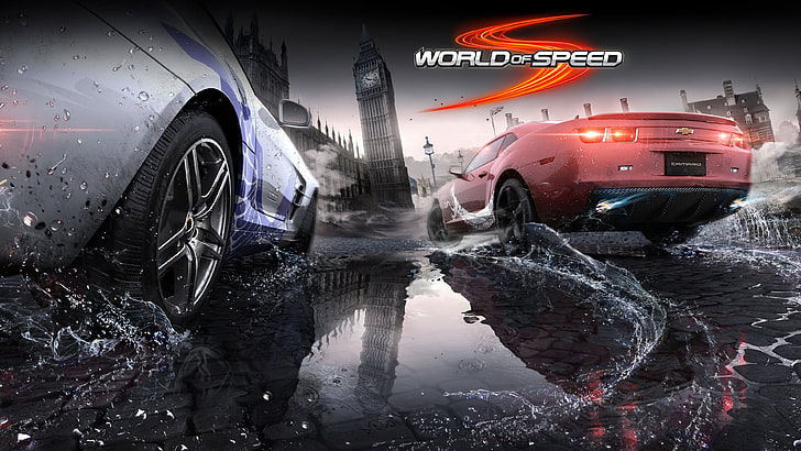 tapeta cyfrowa świata prędkości, World of Speed, gry wideo, samochód, Londyn, Chevrolet Camaro SS, Mercedes-Benz SLS AMG, odbicie, Tapety HD