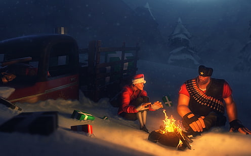 video games, digital art, Team Fortress 2, fire, camping, presents, Happy New Year, Truck, Scout (character), Sniper (TF2), heavy, snow, campfire, HD wallpaper HD wallpaper