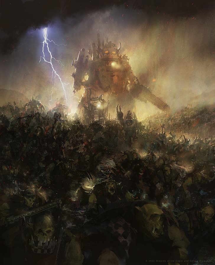 Warhammer 40,000, Warhammer, Warhammer 30,000, red, black, science fiction, orcs, orks, gargant, gun, lightning, horde, titan, HD wallpaper
