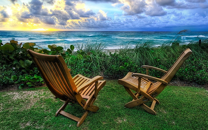 two brown wooden lounger chairs, armchairs, coast, sea, decline, HD wallpaper