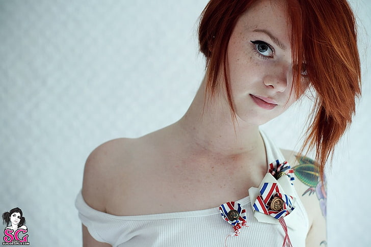 women's white tank top, Lass Suicide, women, redhead, Suicide Girls, blue eyes, tattoo, HD wallpaper