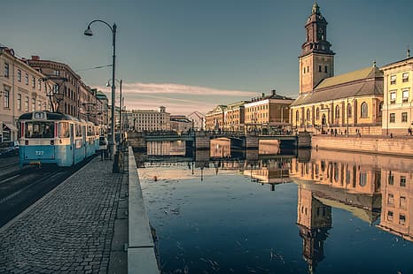 Suecia, paseo marítimo, tranvías, Gotemburgo, Fondo de pantalla HD HD wallpaper