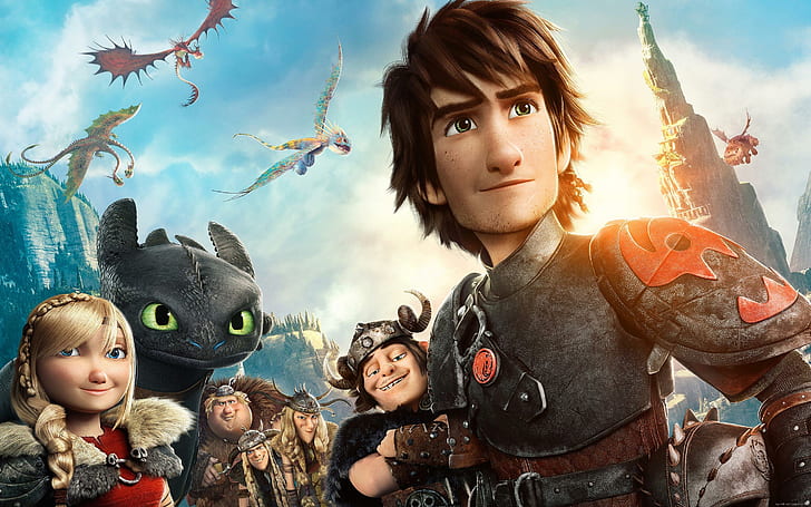How to train your dragon all characters, how to train your dragon poster, dragon, movie, cartoon, hiccup, toothless, HD wallpaper