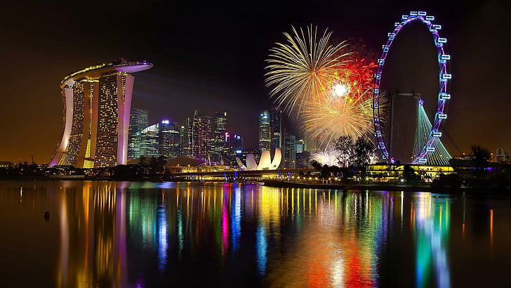 Сингапур, нощен живот, небе, кула, сгради, светлини, нощно време, нощ, вода, небостъргач, град, HD тапет