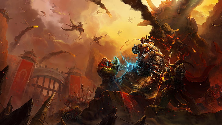 бронированные персонажи возле ворот, графический постер игры World of Warcraft, Thrall, видеоигры, громкий адский крик, король Вариан Ринн, HD обои