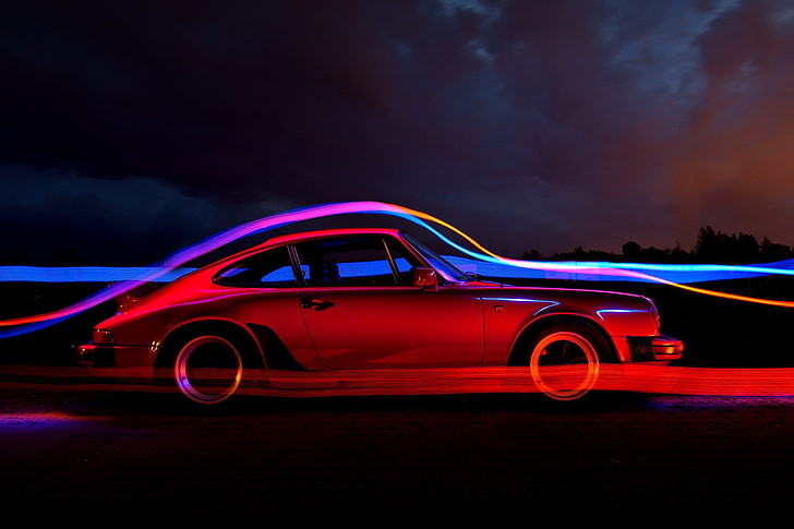 carro, Porsche, carros vermelhos, trilhas leves, noite, HD papel de parede