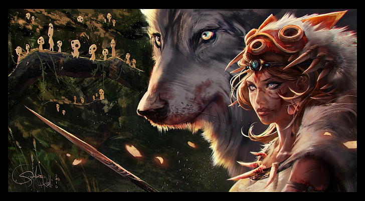 lukisan serigala hitam dan coklat, seni fantasi, Princess Mononoke, Wallpaper HD