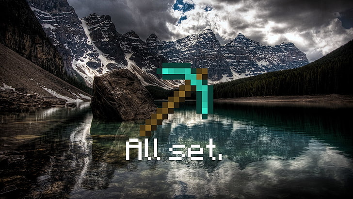 green and brown Minecraft arrow illustration, minecraft, mountains, river, forest, sky, HD wallpaper