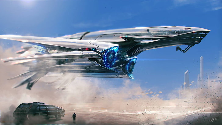 мультфильм иллюстрации серый самолет, фантастика, космический корабль, HD обои