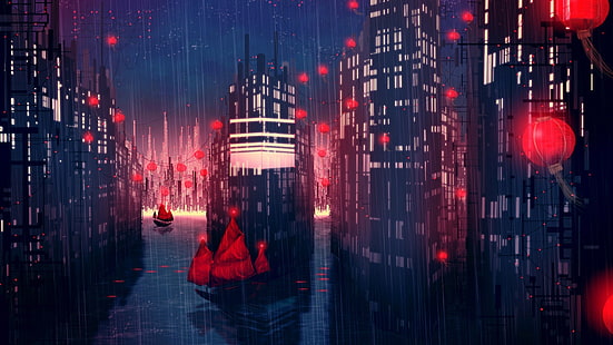 red sail boat beside building wallpaper, city buildings on rainy evening illustration, rain, city, artwork, fantasy art, concept art, boat, red, science fiction, cityscape, night, lantern, HD wallpaper HD wallpaper