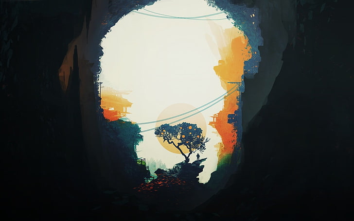 lukisan pohon berdaun biru, pemandangan, ruang, seni digital, Wallpaper HD