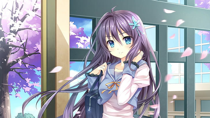anime, anime girls, artwork, school uniform, purple hair, original characters, HD wallpaper