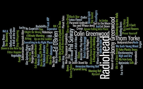 música, Radiohead, rock, canción, texto, tipografía, Wordcloud, Fondo de pantalla HD HD wallpaper