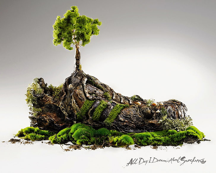 figurina albero verde, arte digitale, Adidas, scarpe da ginnastica, natura, compendio, alberi, sfondo semplice, Sfondo HD