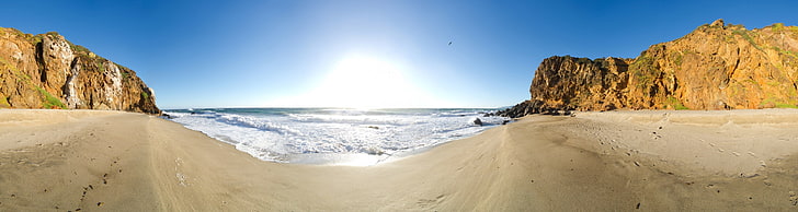 panorama, strand, sten, natur, landskap, hav, sand, klippa, HD tapet