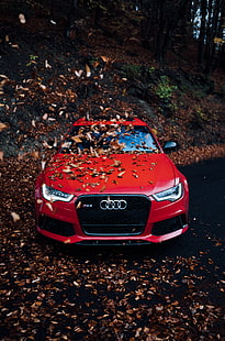 ауди, кола, изглед отпред, червен, броня, зеленина, есен, HD тапет HD wallpaper