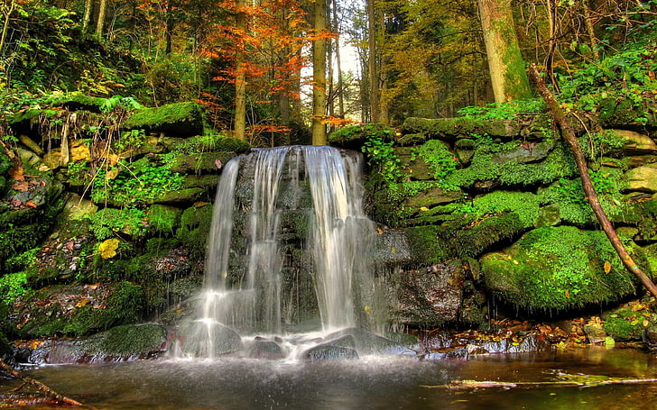 waterfalls between moss, nature, landscape, waterfall, water, HD wallpaper