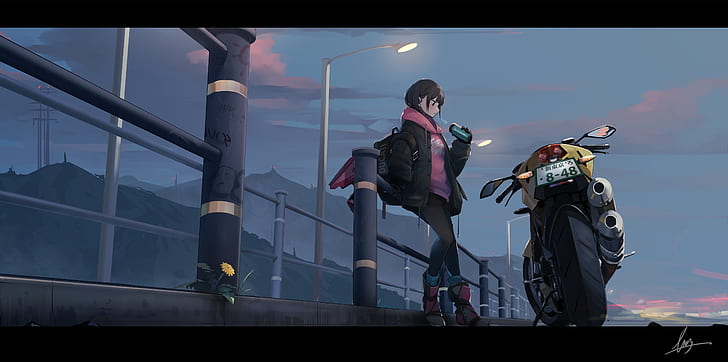 Anime, Original, Mädchen, Motorrad, Straße, HD-Hintergrundbild