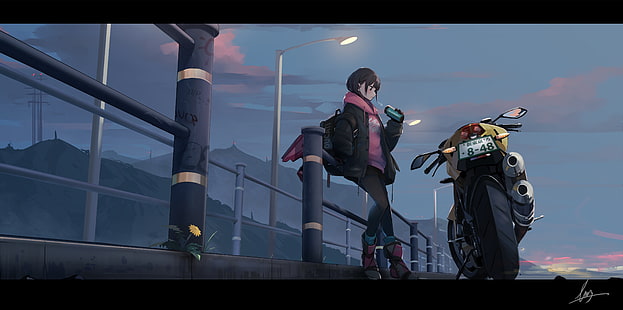 Аниме, оригинал, девушка, мотоцикл, дорога, HD обои HD wallpaper