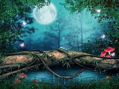 art, artwork, butterfly, Forest, lake, magical, Mushroom, photoshop, HD wallpaper HD wallpaper
