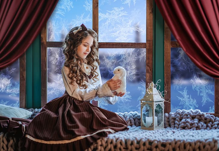toy, rabbit, window, frost, girl, lantern, plaid, Bunny, bow, curls, on the windowsill, Диана Липкина, HD wallpaper