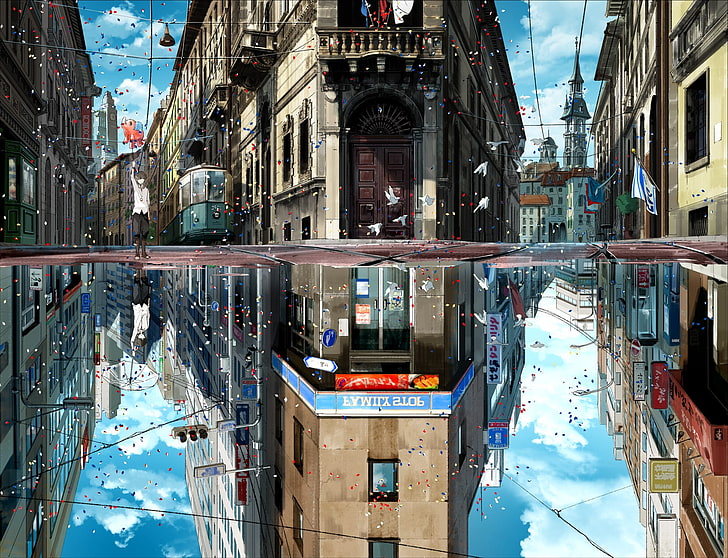 anime, city, reflection, GIMP, balloon, sky, umbrella, dove, France, house, stores, road, puddle, door, clouds, spire, tower, balcony, traffic lights, tram, HD wallpaper