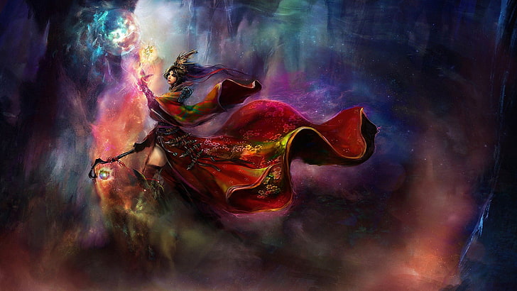 Personaje de dibujos animados femenino vestido rojo y amarillo, arte de fantasía, Diablo III, mago, Fondo de pantalla HD